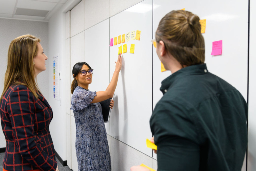 Three Trustee and Guardian employees standing around whiteboard arranging post it notes for workshop