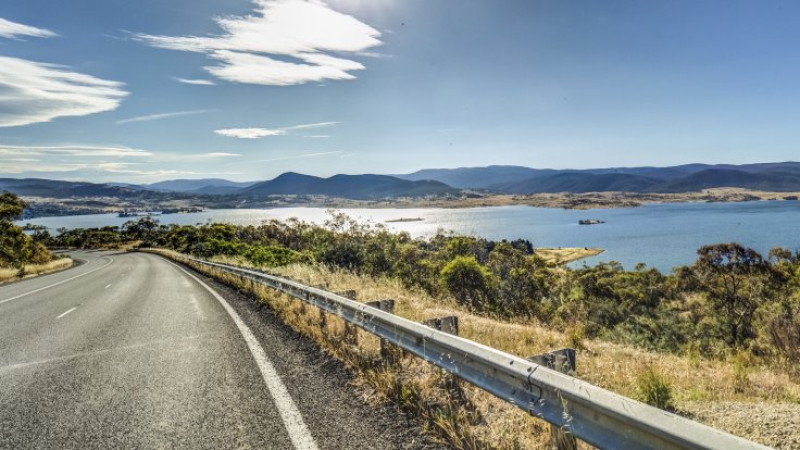 Road in regional NSW that goes past lake 