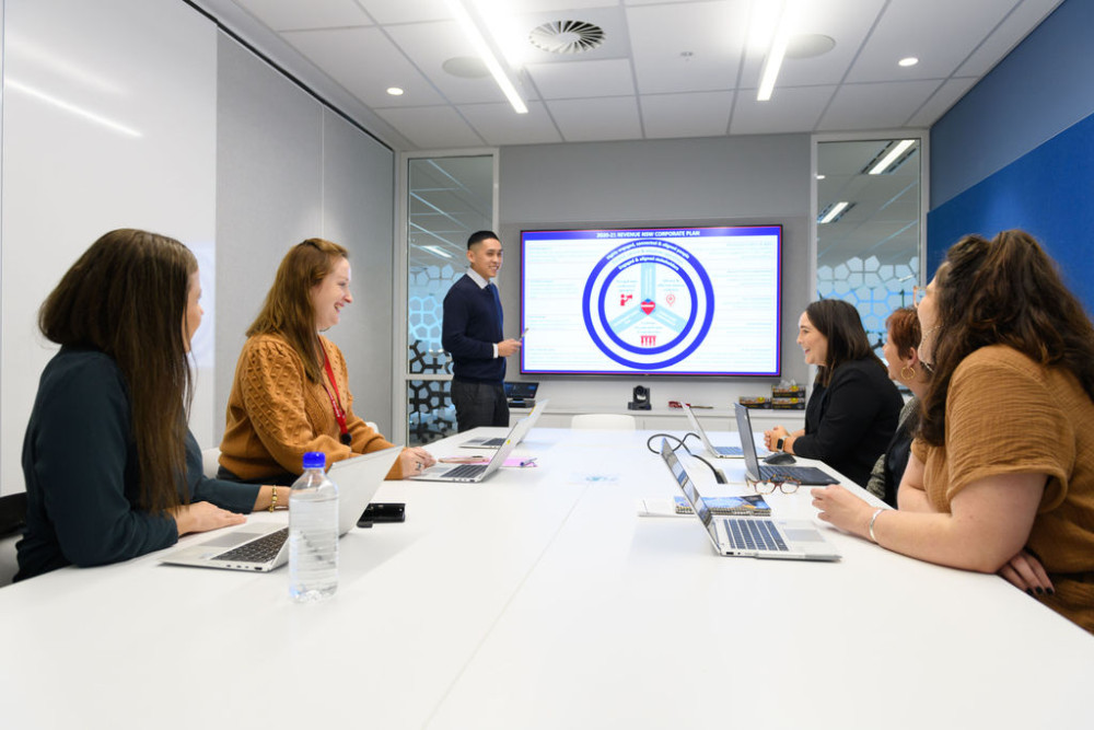 Six people meeting in a boardroom. All of them are sitting at a table with their laptops open except one man who is presenting on a large screen.